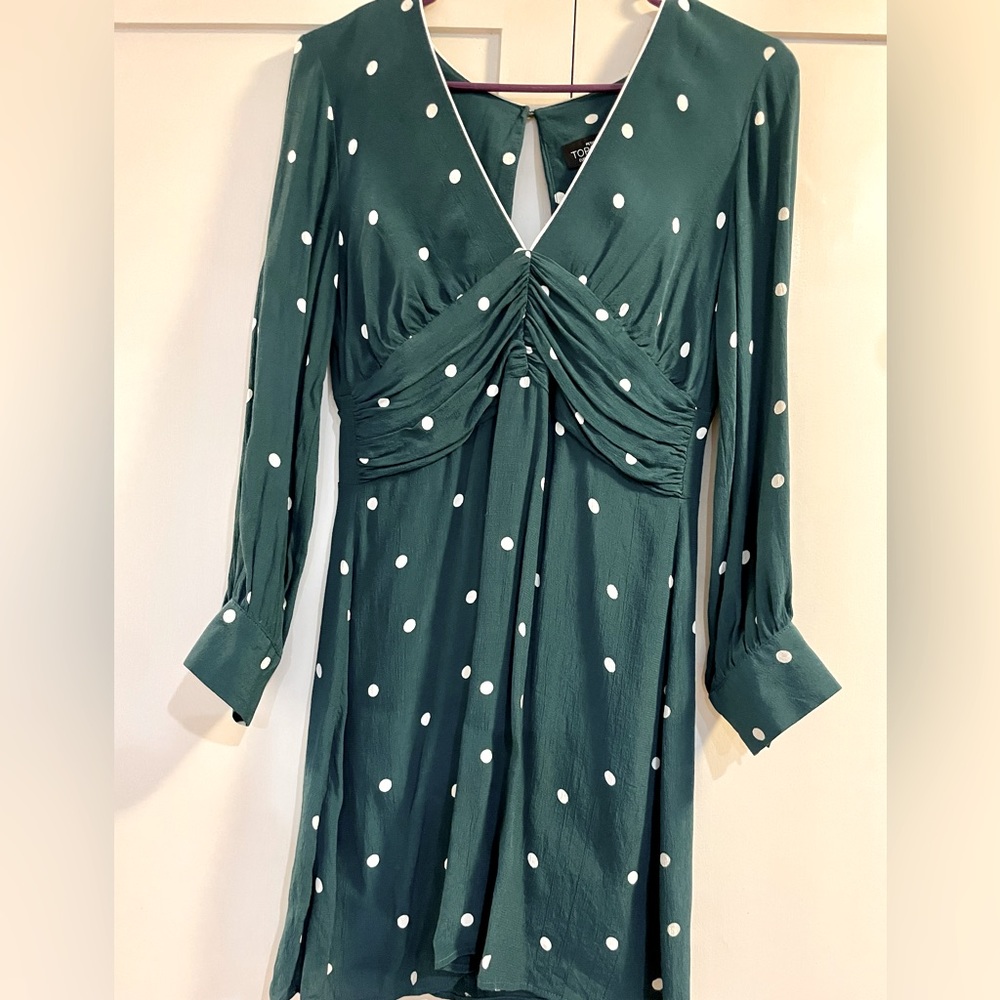 Topshop petite green and white polka dot dress, size 6p